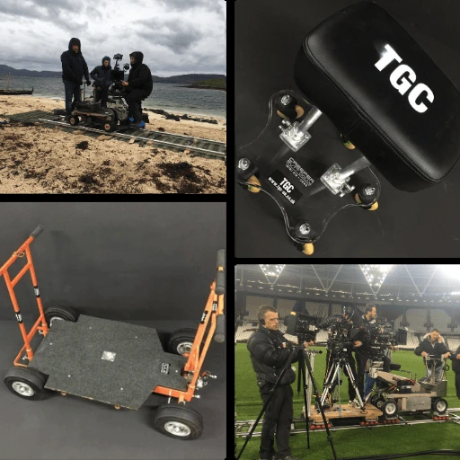 Dollies and Tracks for rent. Track and dolly on beach. Butt Dolly. Door Dolly. Track and film equipment on grass with team