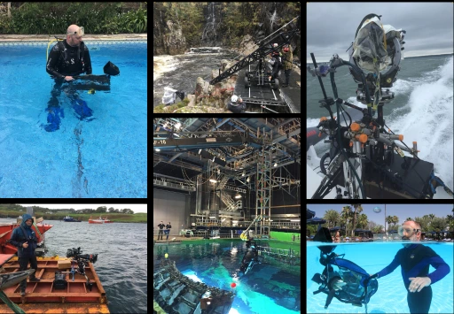 TGC underwater and wet weather gear. Image of man with camera and wet suit in  a pool. Man on a boat with a camera on a lake. Filming by a waterfall with rigging